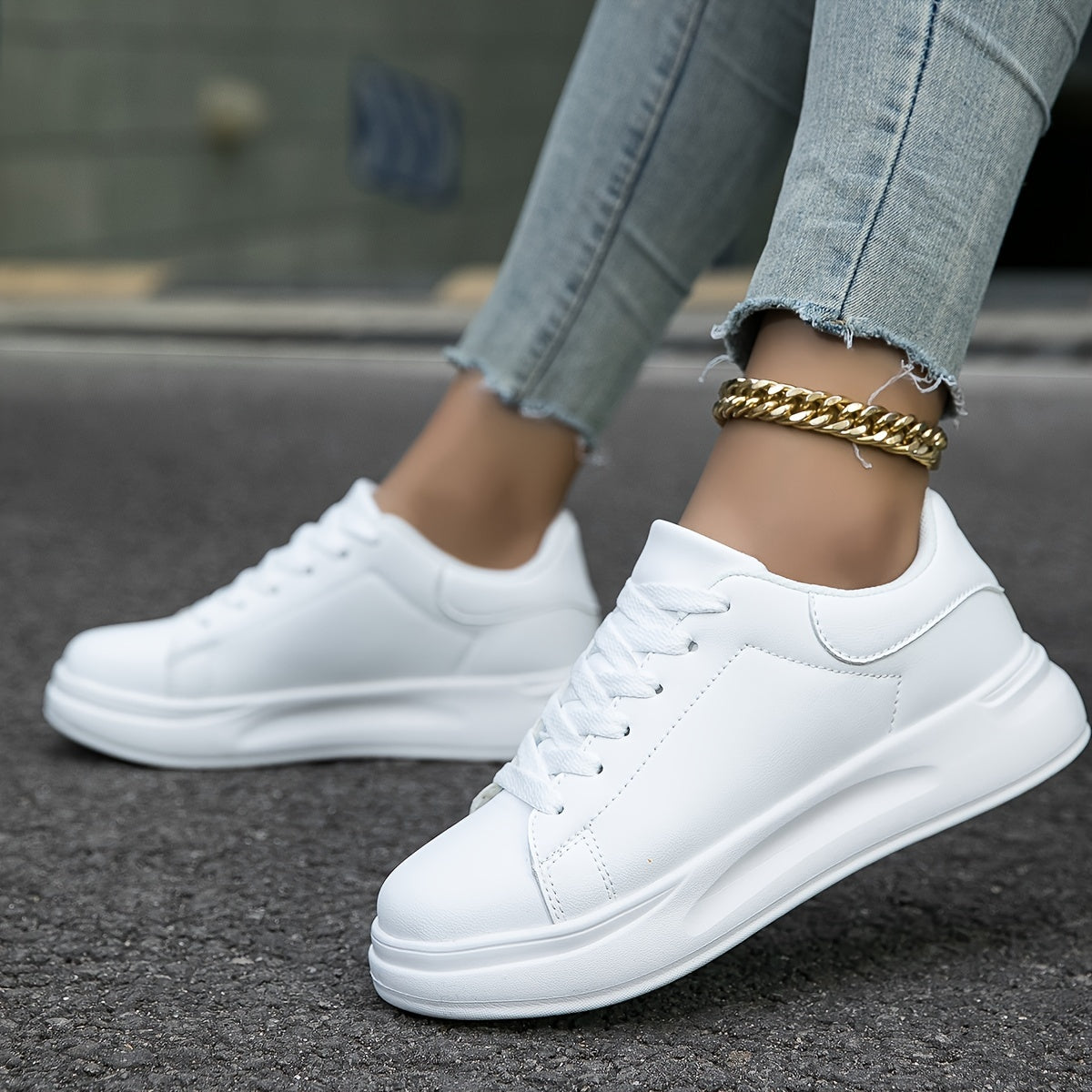 Dames Witte Sneakers – Faux Leren Low-Top, Minimalistisch Design voor Casual & All Season