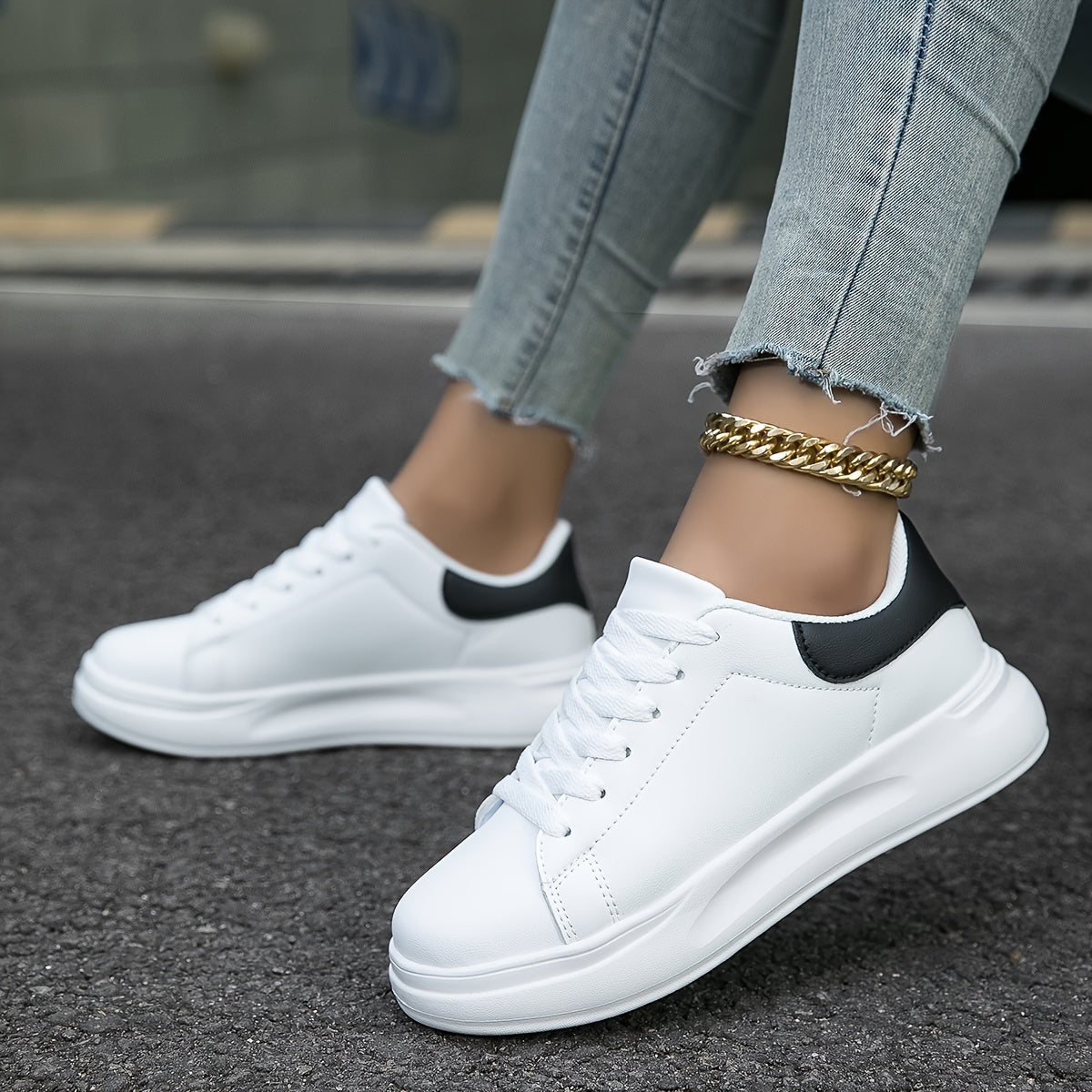 Dames Witte Sneakers – Faux Leren Low-Top, Minimalistisch Design voor Casual & All Season