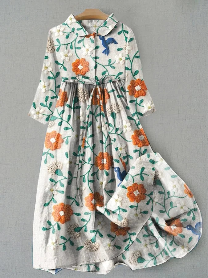 Thera | Midi-jurk voor dames met botanische print en verstelbare taille – vintage stijl