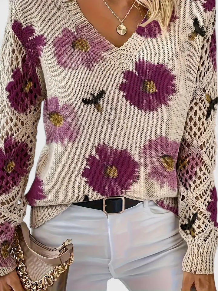 Trui Dames | Luchtige Gebreide Trui met Bloemenprint