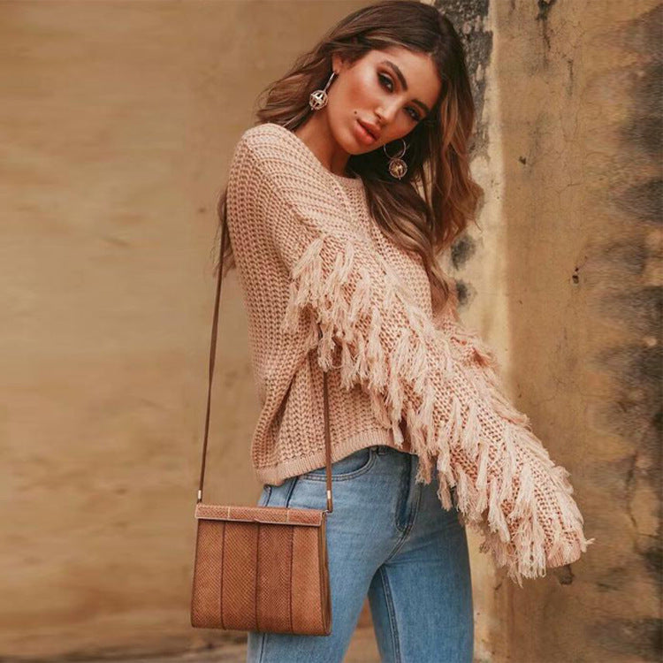 Dames Oversized Gebreide Trui – Grofgebreid, Ribstructuur, Drop Shoulder, Mouwen met Franjes, Casual Herfst/Winter