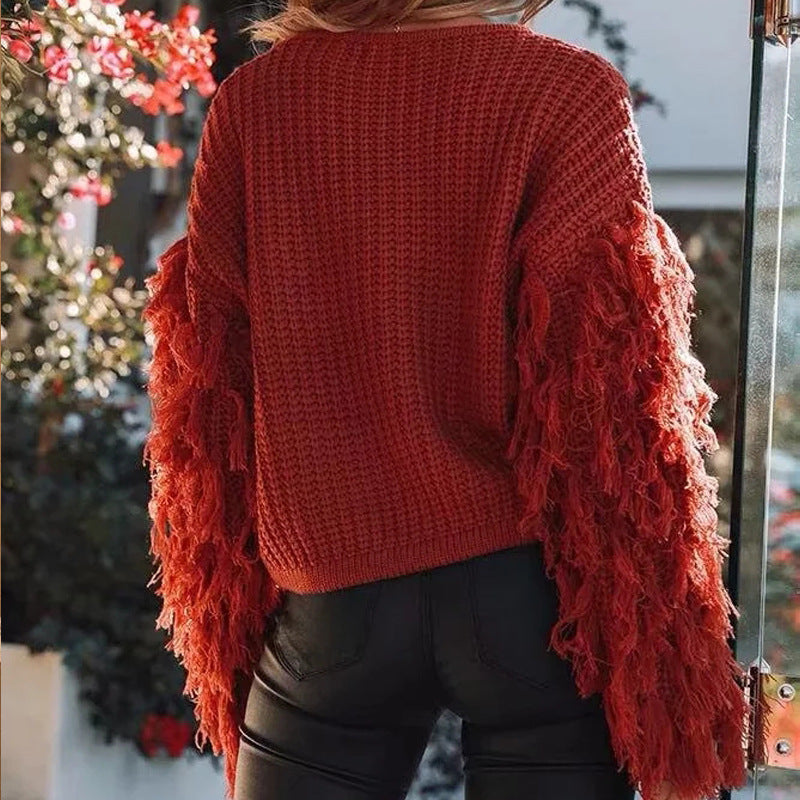 Dames Oversized Gebreide Trui – Grofgebreid, Ribstructuur, Drop Shoulder, Mouwen met Franjes, Casual Herfst/Winter