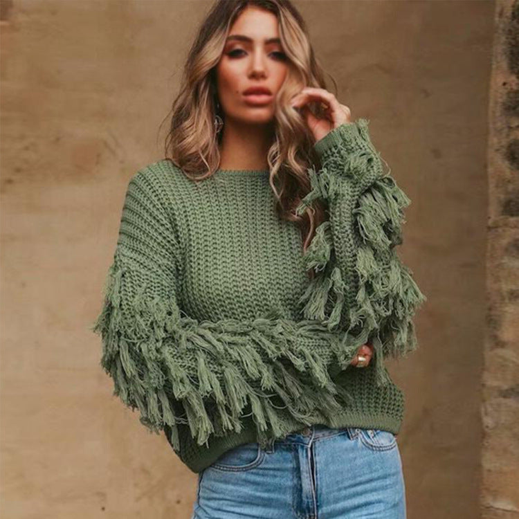 Dames Oversized Gebreide Trui – Grofgebreid, Ribstructuur, Drop Shoulder, Mouwen met Franjes, Casual Herfst/Winter