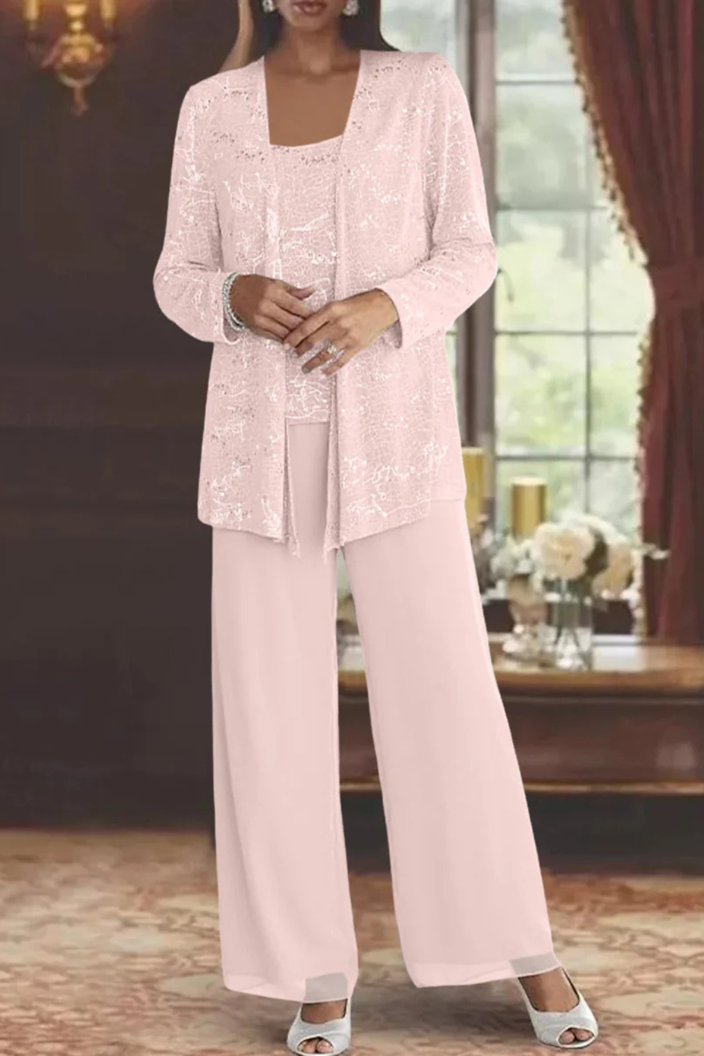 Dames Driedelig Pak met Pailletten en Kant - Wide Leg Broek Gala Outfit