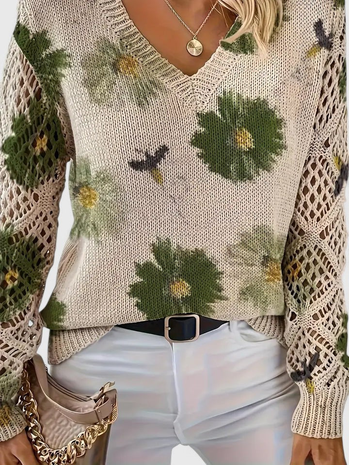 Trui Dames | Luchtige Gebreide Trui met Bloemenprint