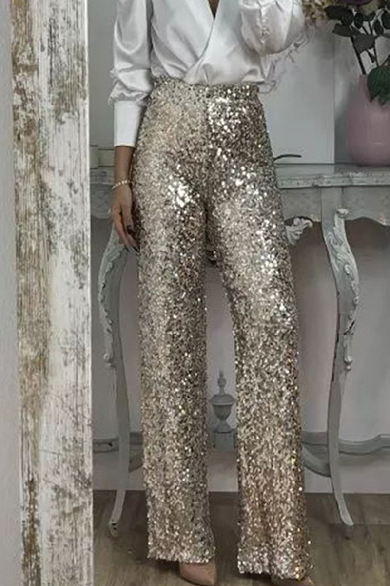 Marinda | Vrouwen Casual Sequined Broek – Hoge Taille, Rechte Pasvorm, Glanzende Details