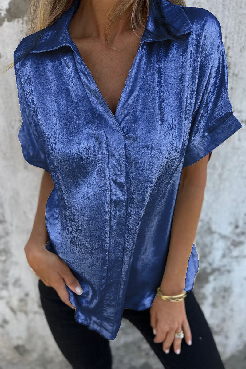 Casual Blouse met Bronzing Patroon | Damesblouse met Patchwork en Omgeslagen Kraag