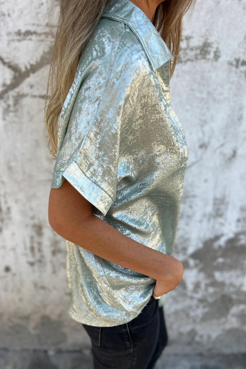 Casual Blouse met Bronzing Patroon | Damesblouse met Patchwork en Omgeslagen Kraag