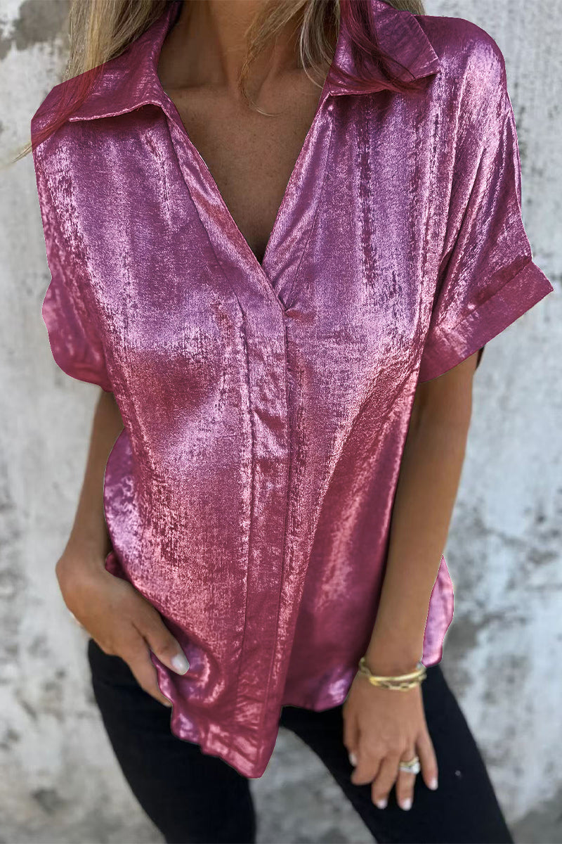 Casual Blouse met Bronzing Patroon | Damesblouse met Patchwork en Omgeslagen Kraag