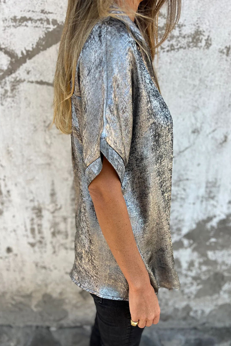 Casual Blouse met Bronzing Patroon | Damesblouse met Patchwork en Omgeslagen Kraag