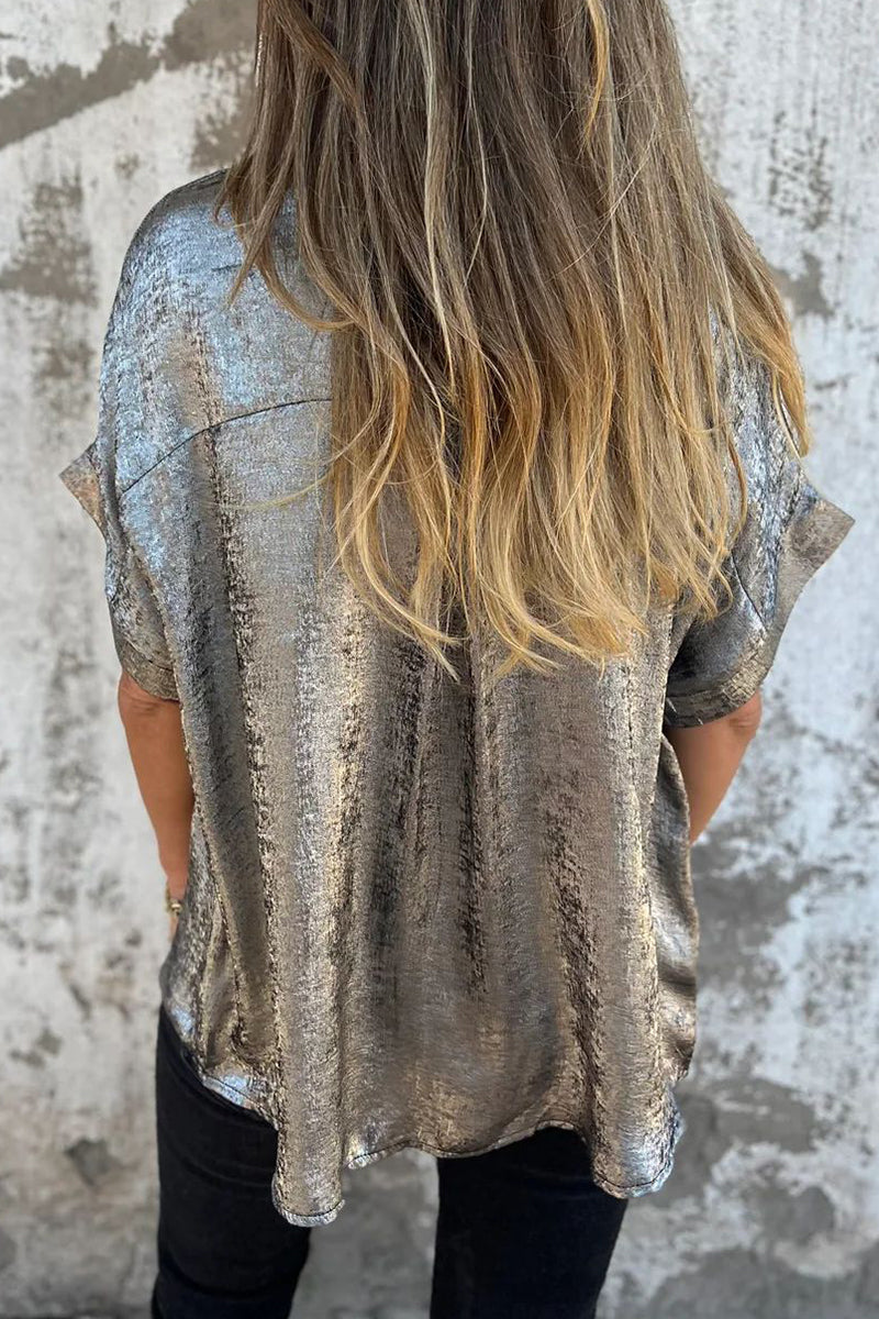 Casual Blouse met Bronzing Patroon | Damesblouse met Patchwork en Omgeslagen Kraag
