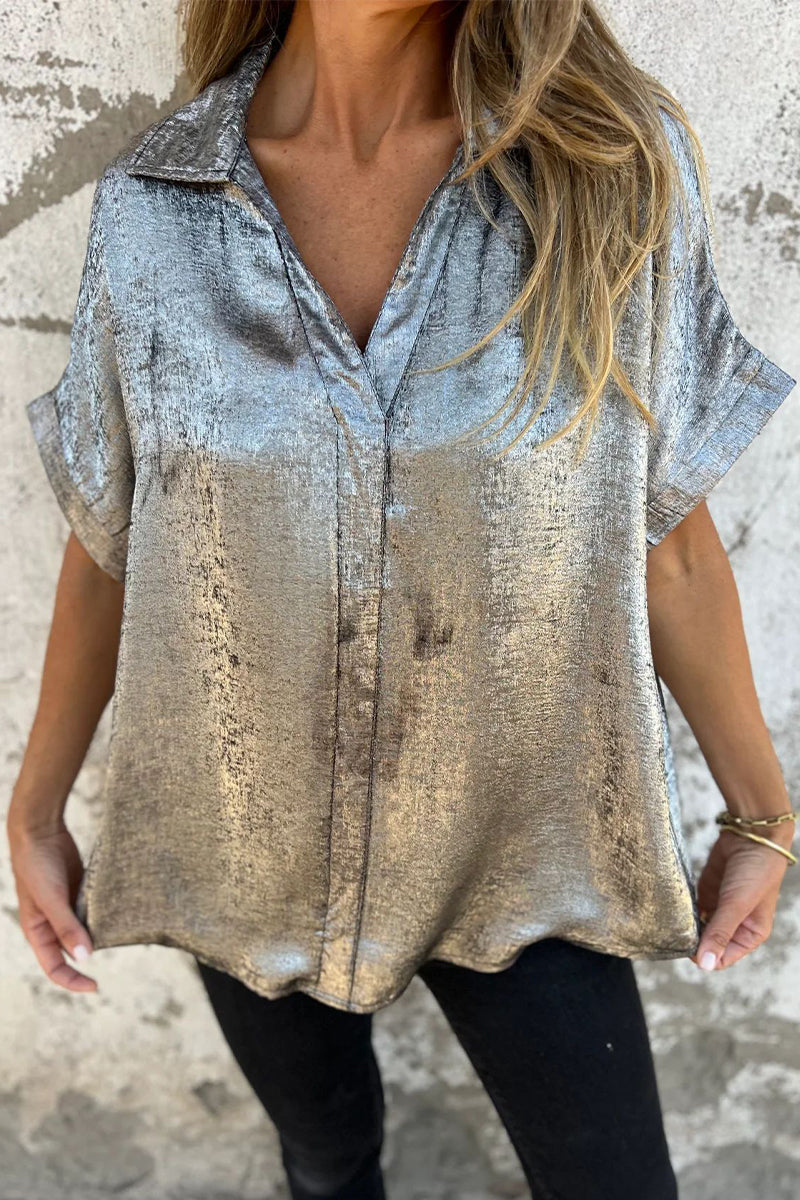 Casual Blouse met Bronzing Patroon | Damesblouse met Patchwork en Omgeslagen Kraag
