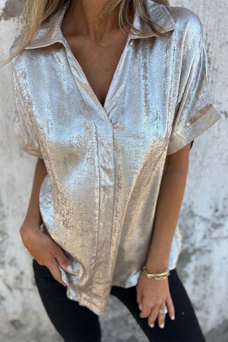 Casual Blouse met Bronzing Patroon | Damesblouse met Patchwork en Omgeslagen Kraag