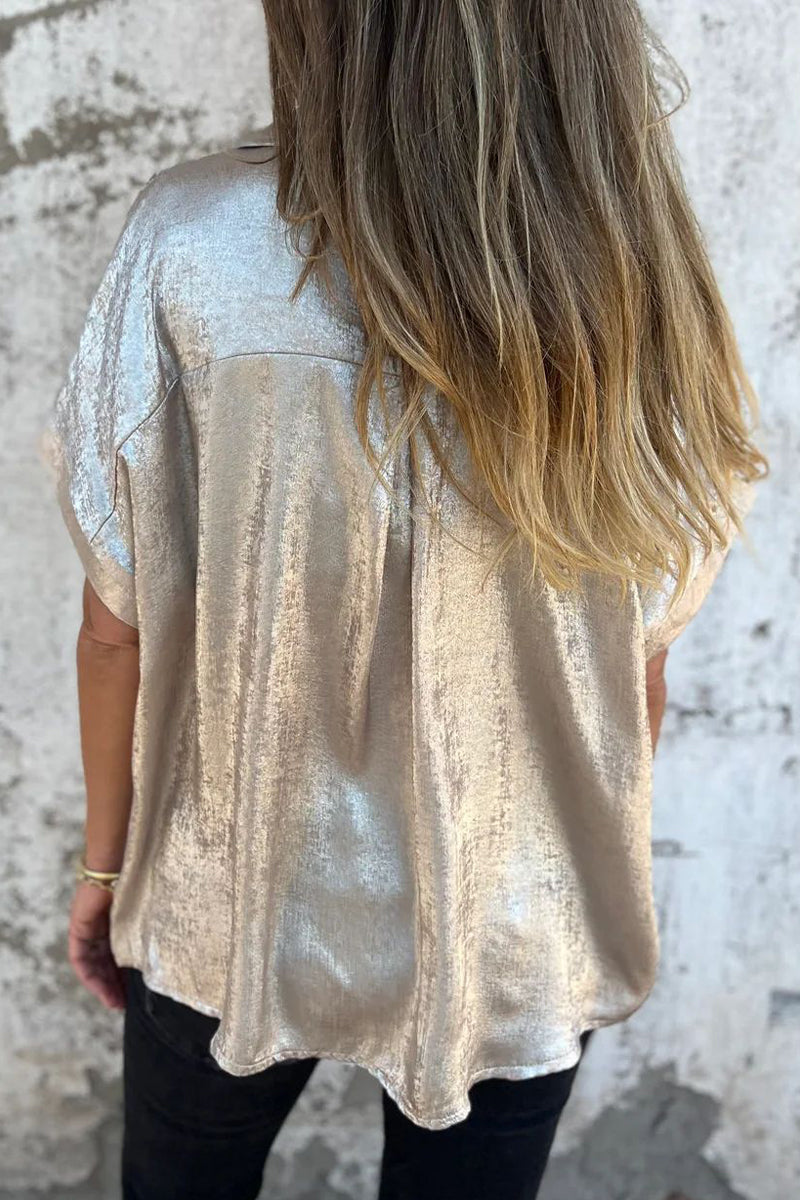 Casual Blouse met Bronzing Patroon | Damesblouse met Patchwork en Omgeslagen Kraag