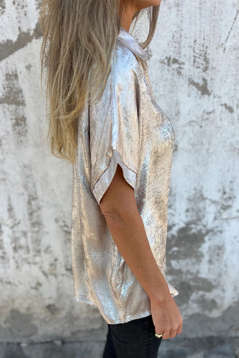 Casual Blouse met Bronzing Patroon | Damesblouse met Patchwork en Omgeslagen Kraag