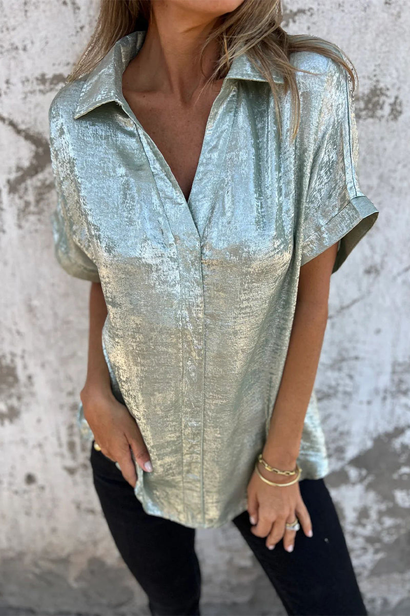 Casual Blouse met Bronzing Patroon | Damesblouse met Patchwork en Omgeslagen Kraag