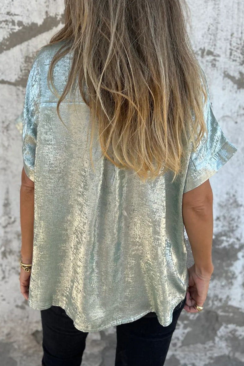 Casual Blouse met Bronzing Patroon | Damesblouse met Patchwork en Omgeslagen Kraag