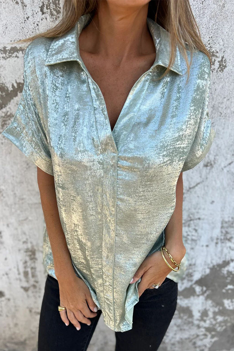 Casual Blouse met Bronzing Patroon | Damesblouse met Patchwork en Omgeslagen Kraag