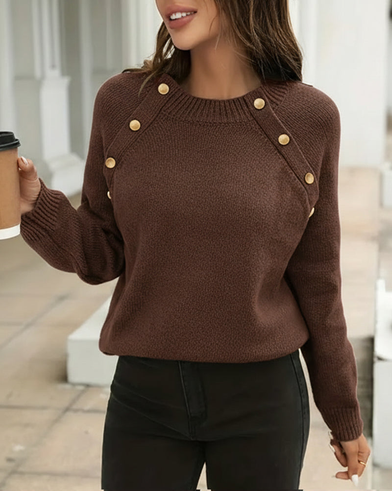 Dames Trui met Knopen – Effen Beige, Ronde Hals, Casual Knitwear voor Herfst en Winter