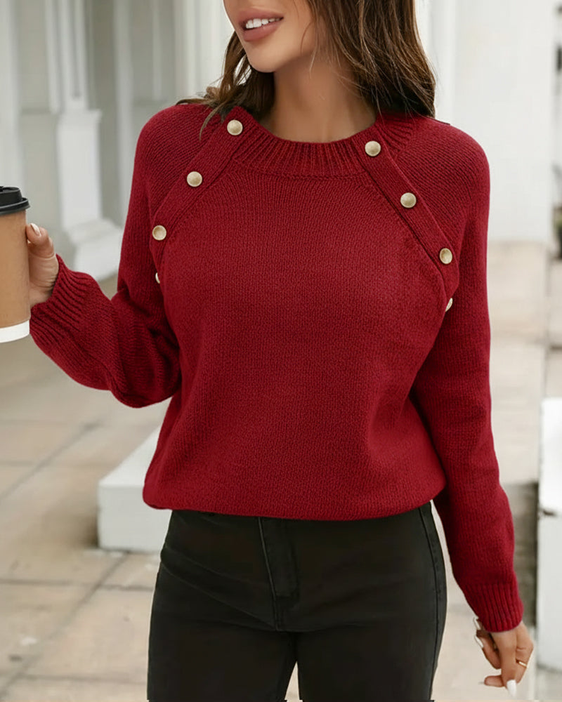 Dames Trui met Knopen – Effen Beige, Ronde Hals, Casual Knitwear voor Herfst en Winter