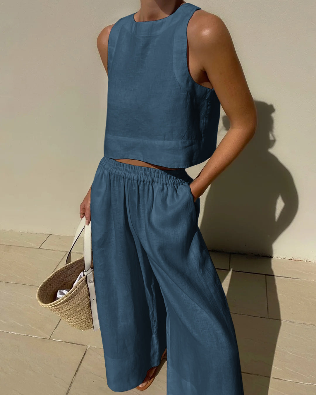 Alieke | Dames Set van Katoen-Linnen met Crop Top en High-Waist Broek – Luchtig & Tijdloos voor de Zomer