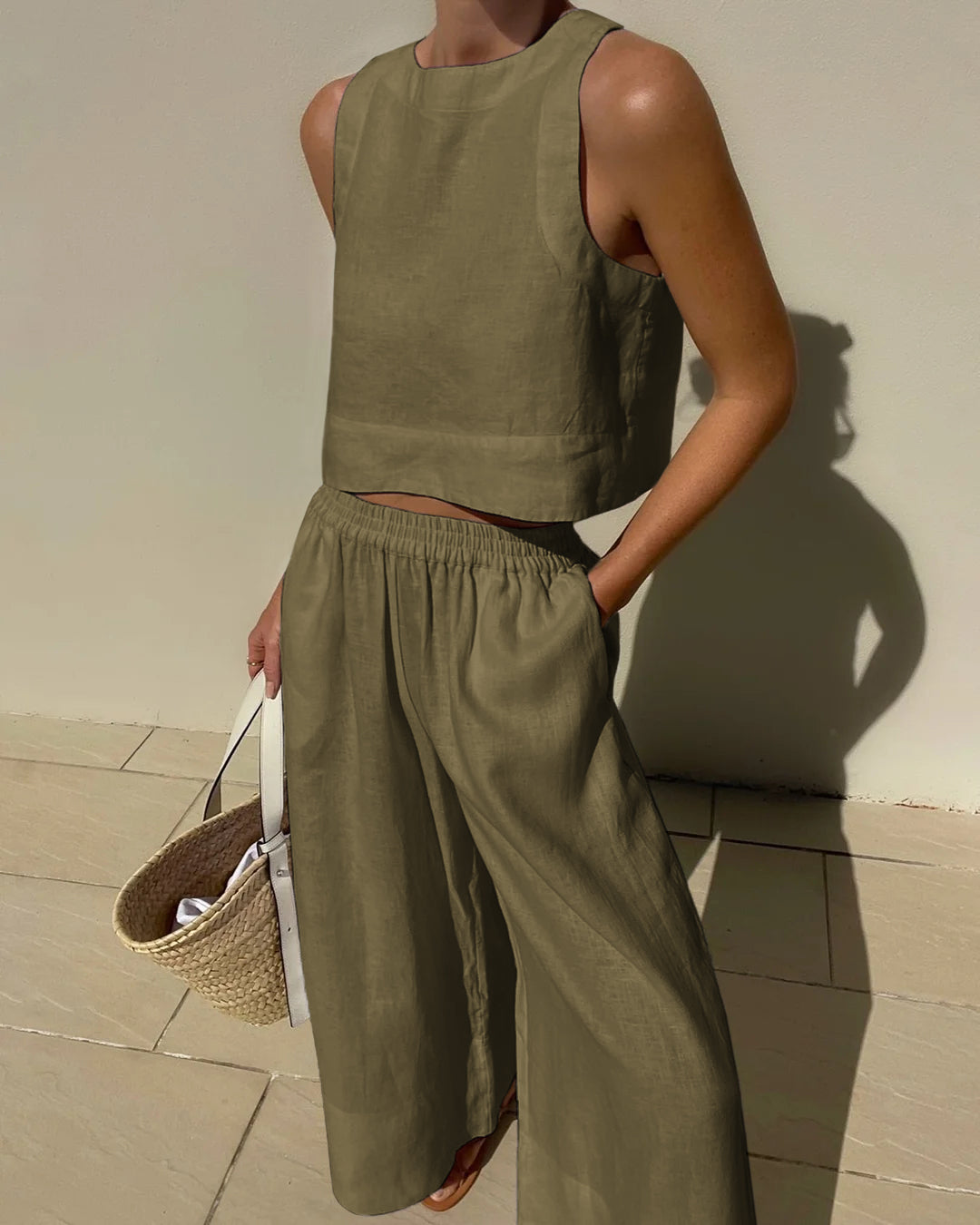 Alieke | Dames Set van Katoen-Linnen met Crop Top en High-Waist Broek – Luchtig & Tijdloos voor de Zomer