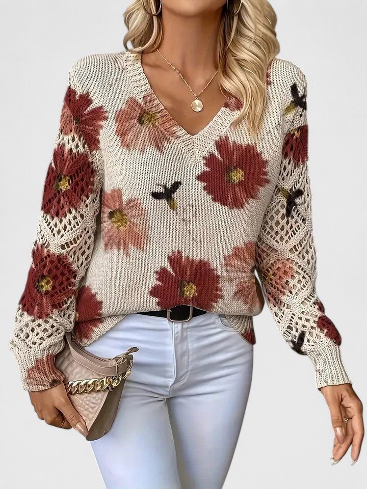 Trui Dames | Luchtige Gebreide Trui met Bloemenprint