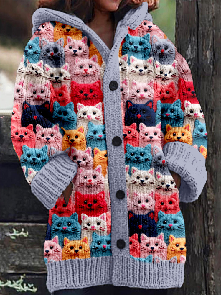 MM | Gebreide jas met knoopsluiting en speelse kattenprint