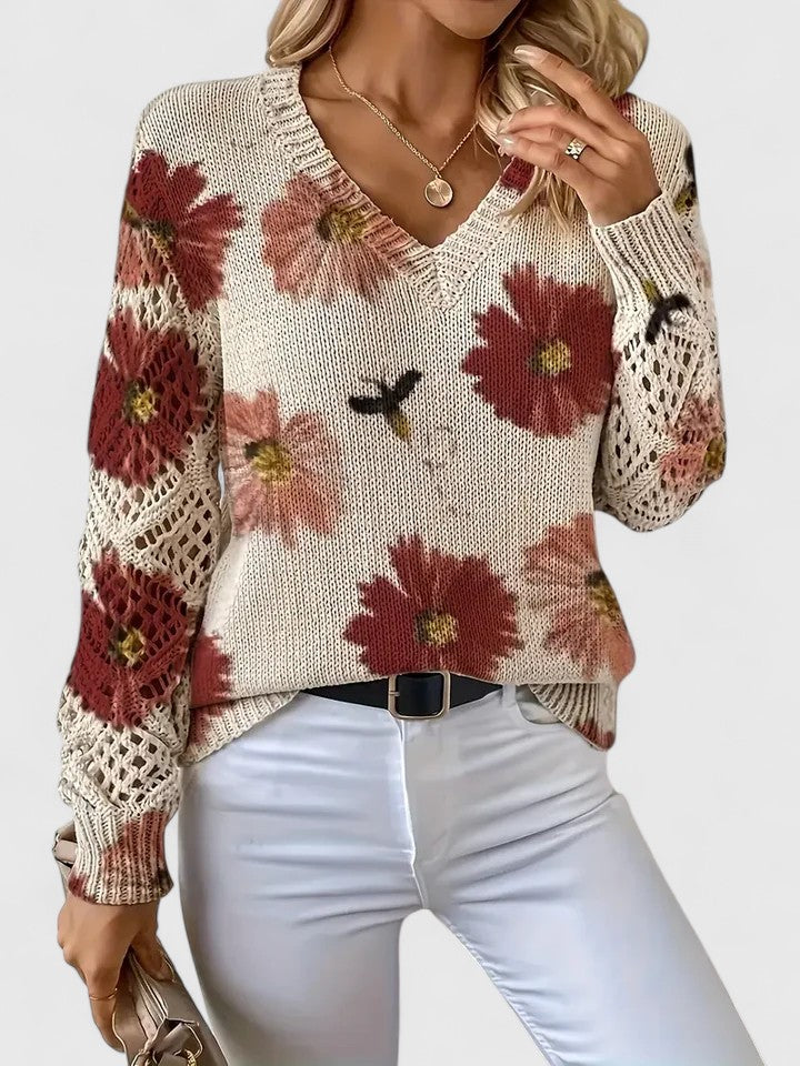 Trui Dames | Luchtige Gebreide Trui met Bloemenprint