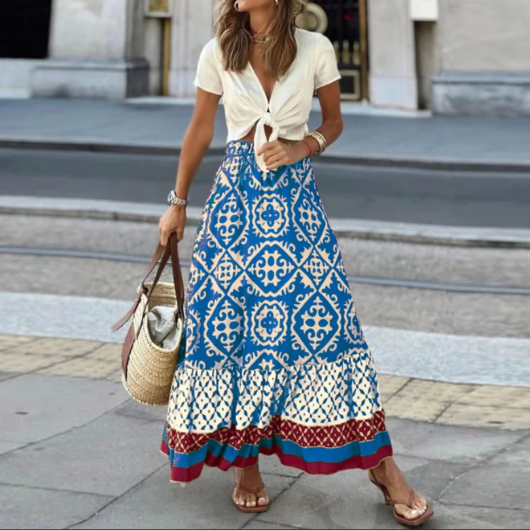 Juliette | Dames maxirok – A-lijn met geometrisch patroon en rucheszoom van comfortabele vezelmix