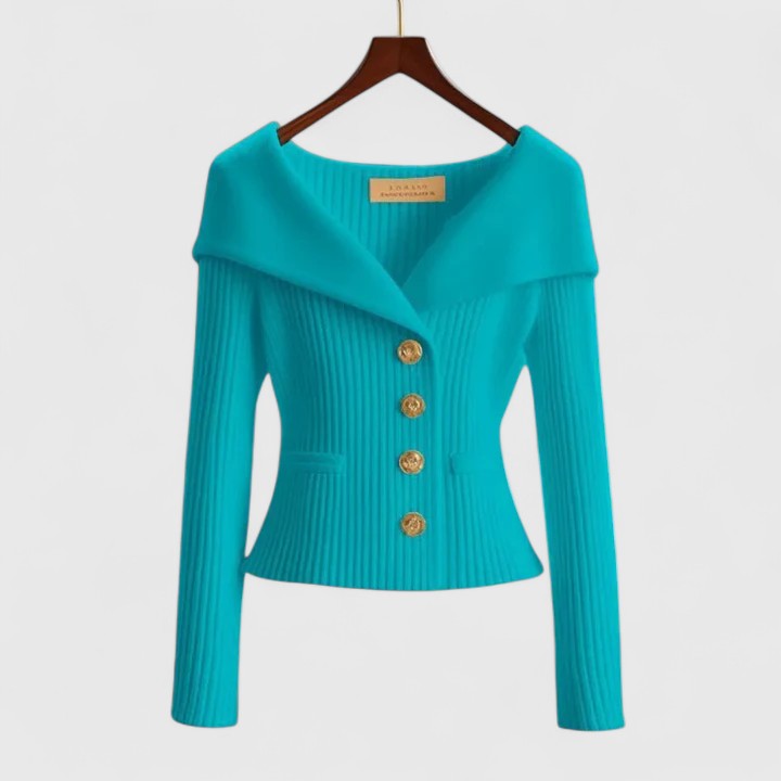 Dames herfsttrui met off-shoulder kraag en gouden knopen – zacht & elegant