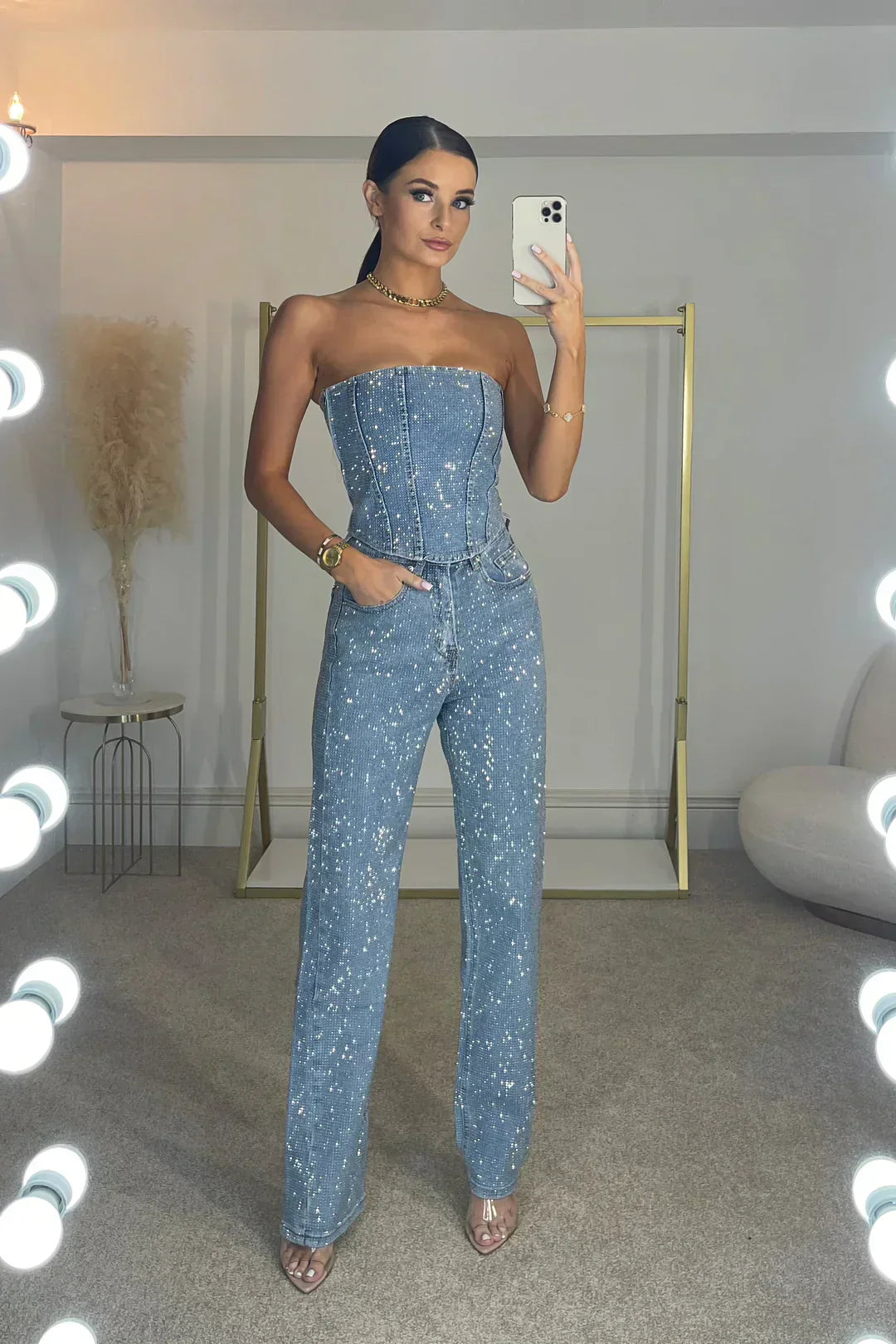 Dames Denim Glitter Jumpsuit – Getailleerd, Casual