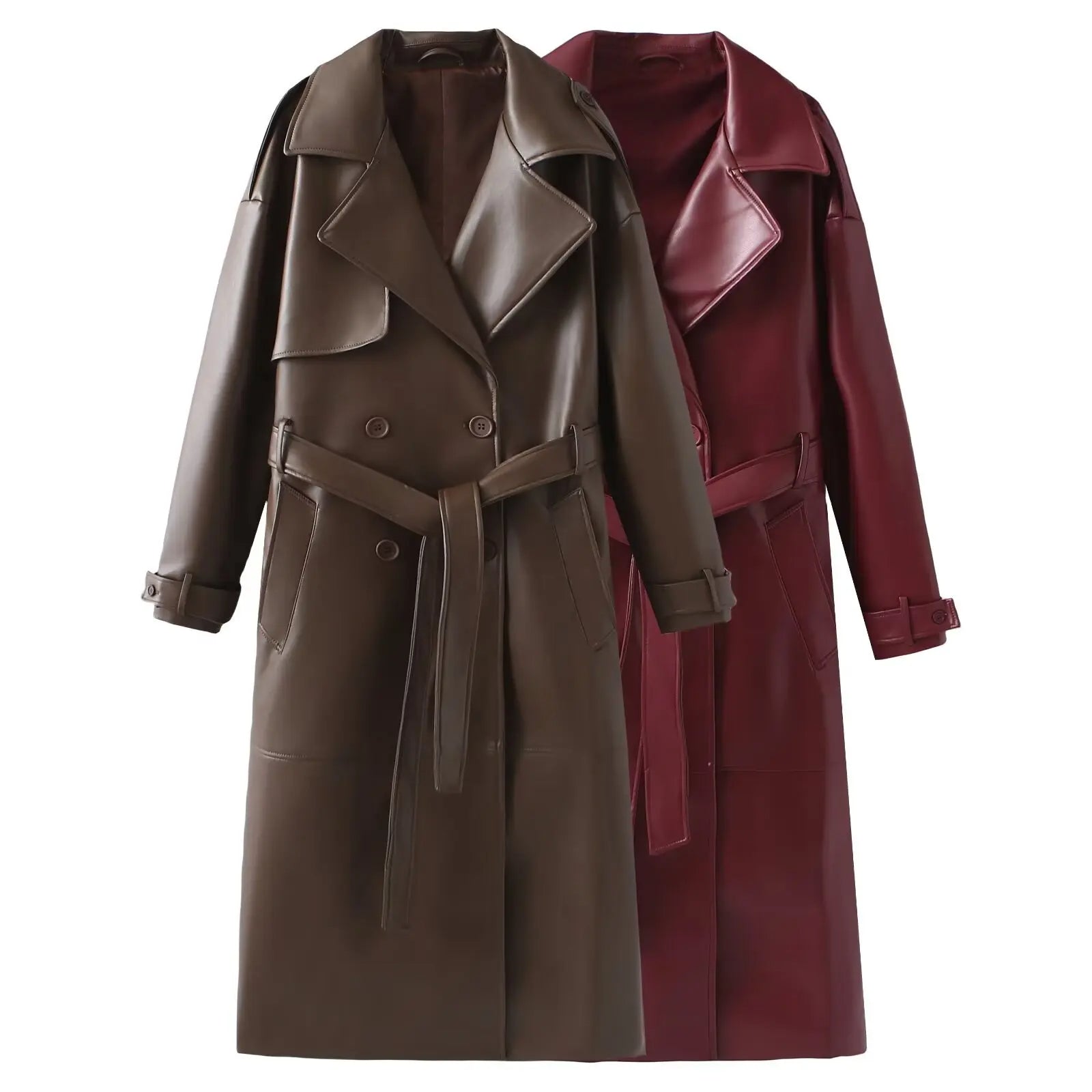 Dames Lange Jas – Bordeauxrode Faux Leather Coat met Retro Silhouet en Tailleceintuu