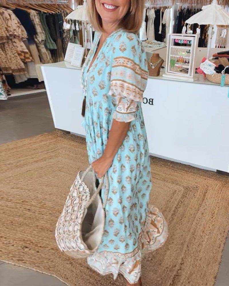 Betje | Dames Maxi Jurk met Boho Print en V-Hals – Flowy Zomerjurk met 3/4 Mouwen
