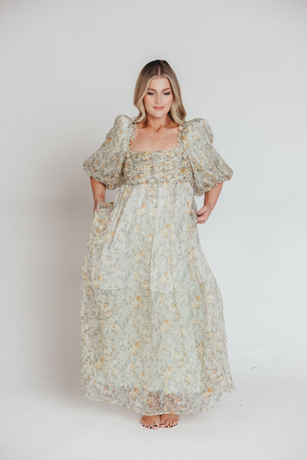 Eilina | Dames Maxi Jurk Zwangerschap – Flatterende Empire Taille en Romantische Ballonmouwen