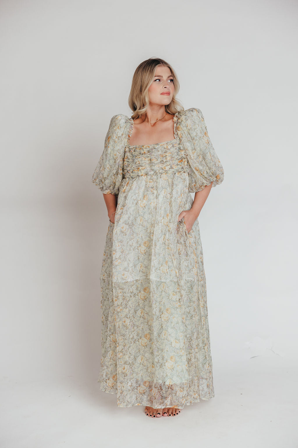 Eilina | Dames Maxi Jurk Zwangerschap – Flatterende Empire Taille en Romantische Ballonmouwen