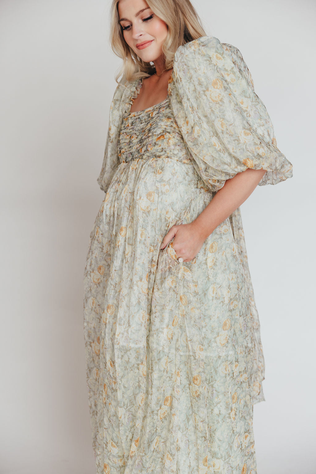 Eilina | Dames Maxi Jurk Zwangerschap – Flatterende Empire Taille en Romantische Ballonmouwen