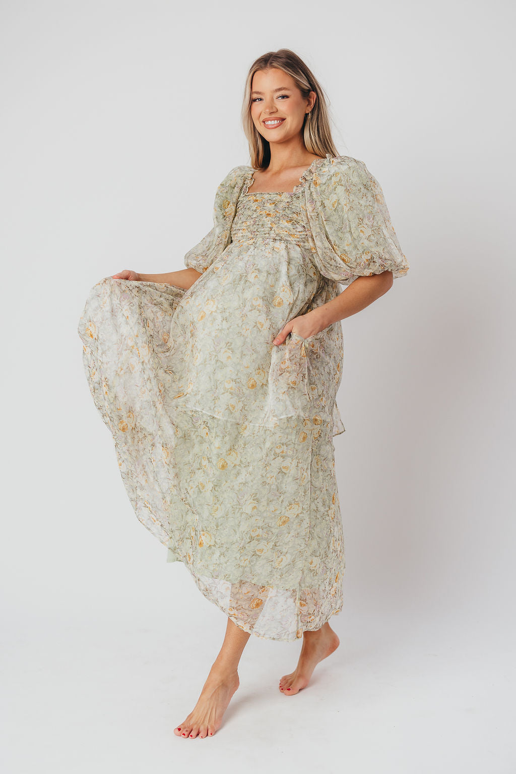 Eilina | Dames Maxi Jurk Zwangerschap – Flatterende Empire Taille en Romantische Ballonmouwen