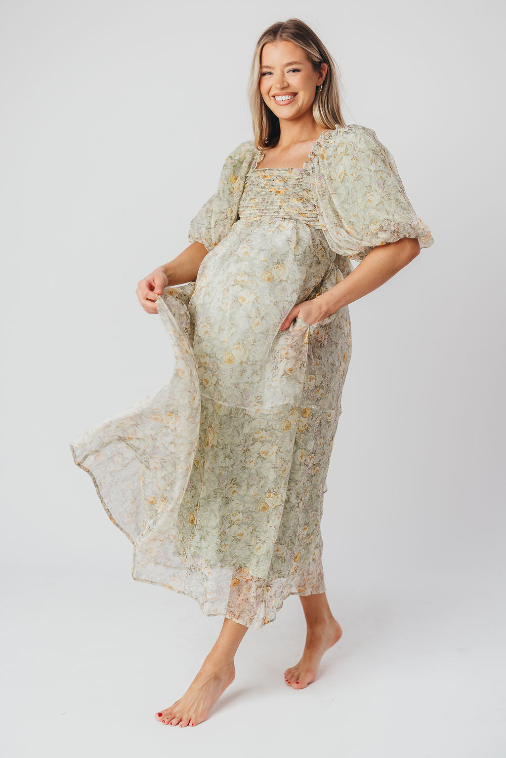 Eilina | Dames Maxi Jurk Zwangerschap – Flatterende Empire Taille en Romantische Ballonmouwen