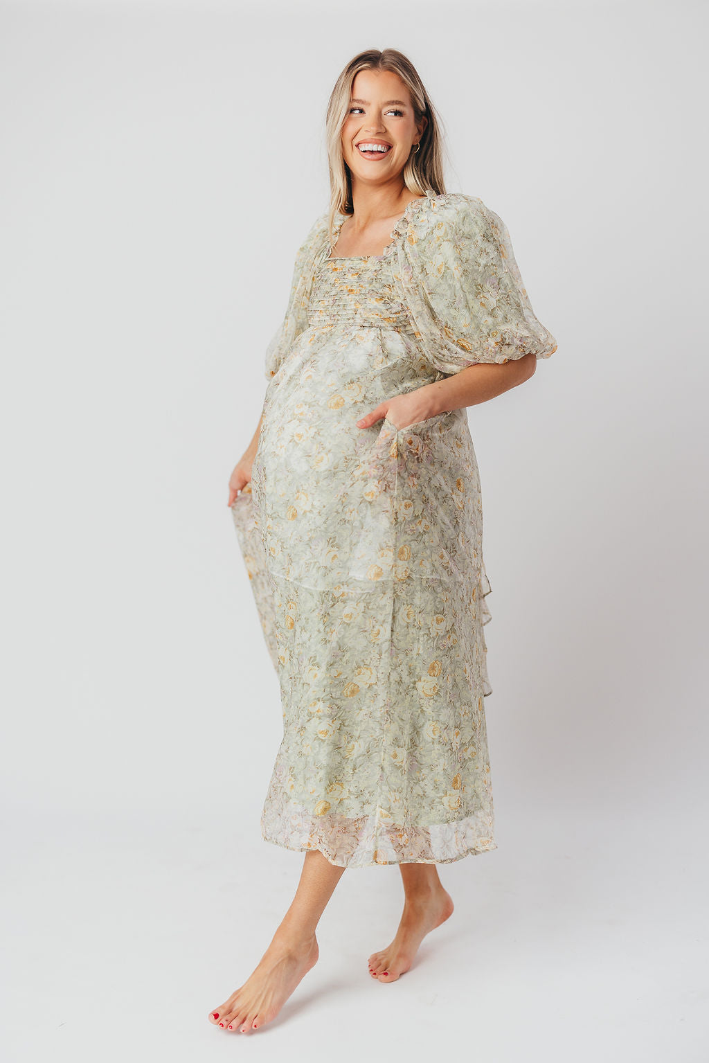 Eilina | Dames Maxi Jurk Zwangerschap – Flatterende Empire Taille en Romantische Ballonmouwen