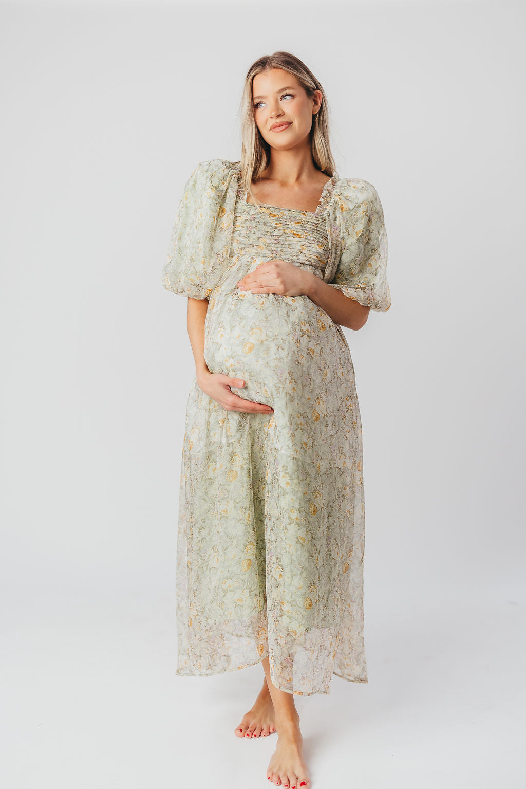 Eilina | Dames Maxi Jurk Zwangerschap – Flatterende Empire Taille en Romantische Ballonmouwen