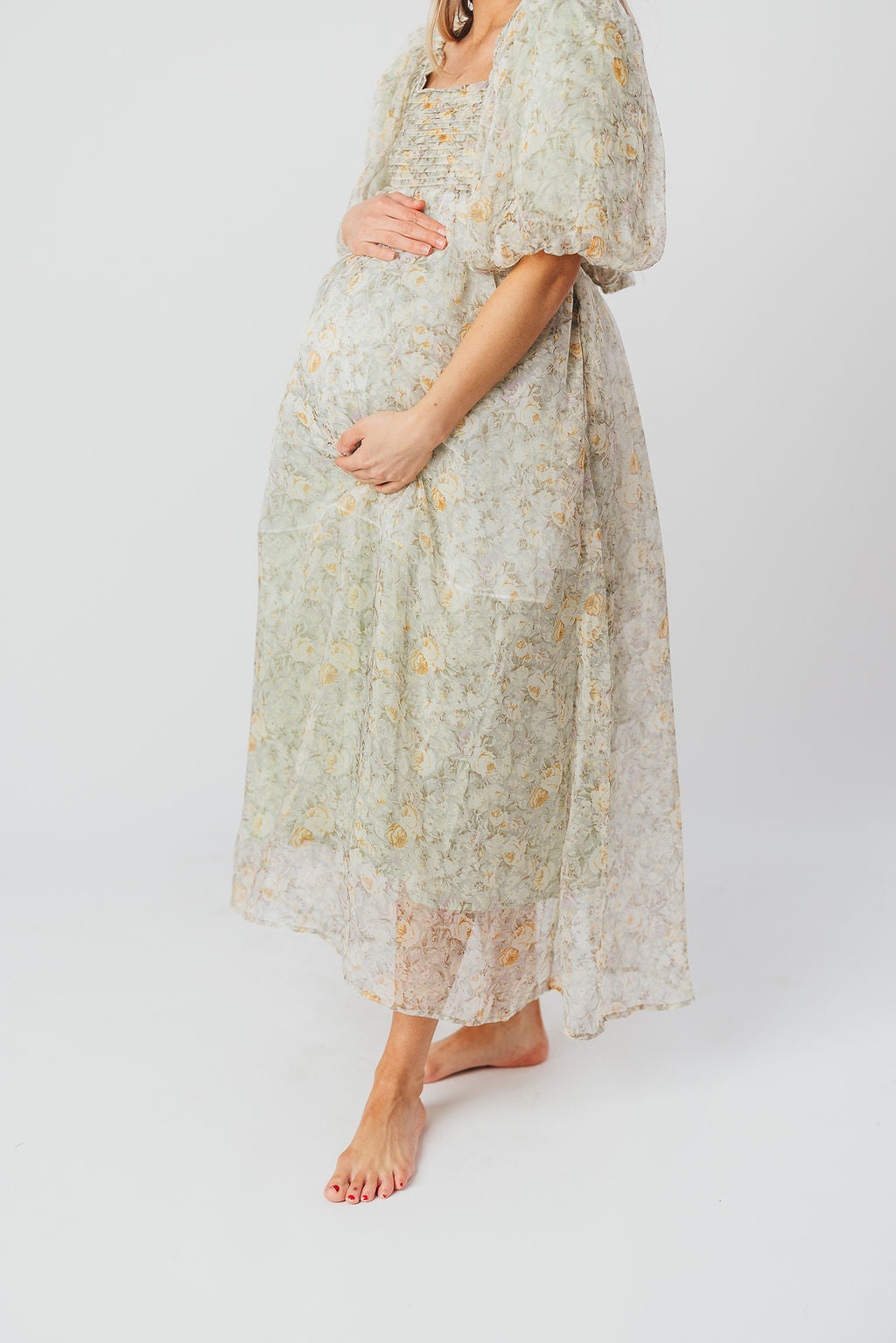 Eilina | Dames Maxi Jurk Zwangerschap – Flatterende Empire Taille en Romantische Ballonmouwen
