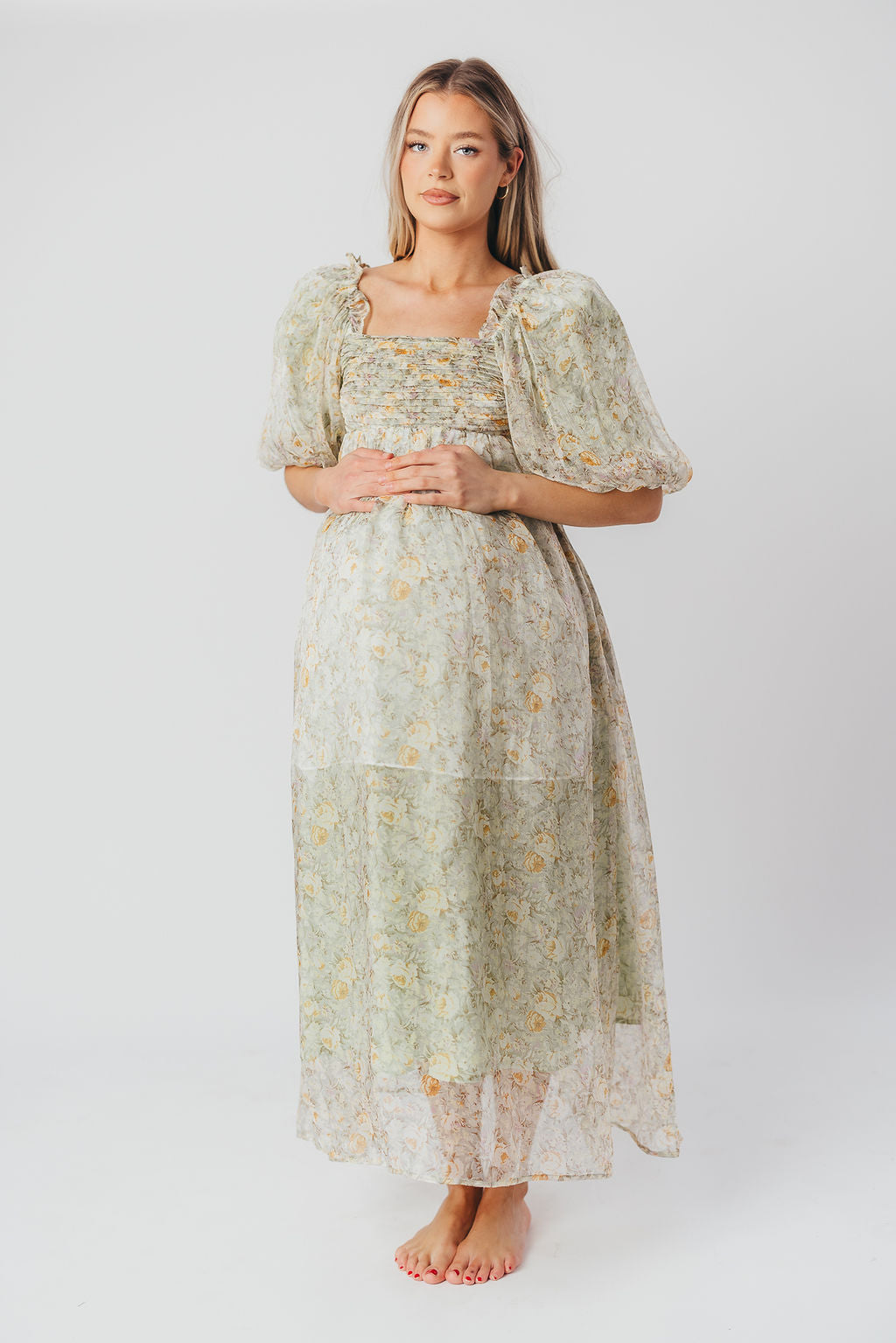 Eilina | Dames Maxi Jurk Zwangerschap – Flatterende Empire Taille en Romantische Ballonmouwen