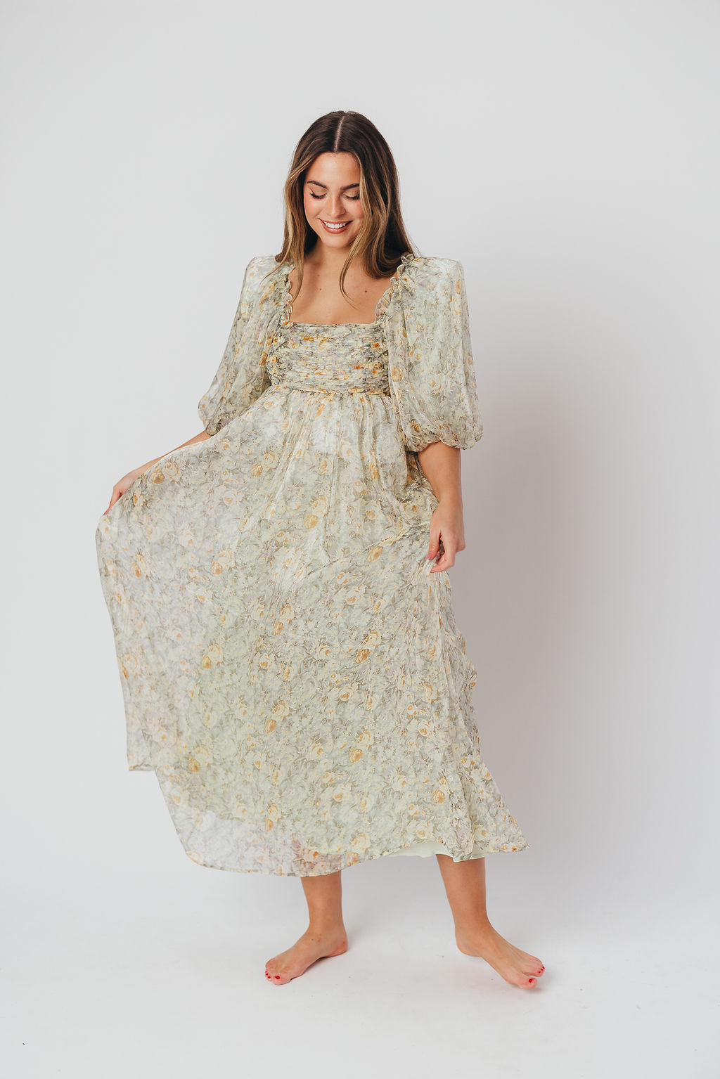 Eilina | Dames Maxi Jurk Zwangerschap – Flatterende Empire Taille en Romantische Ballonmouwen