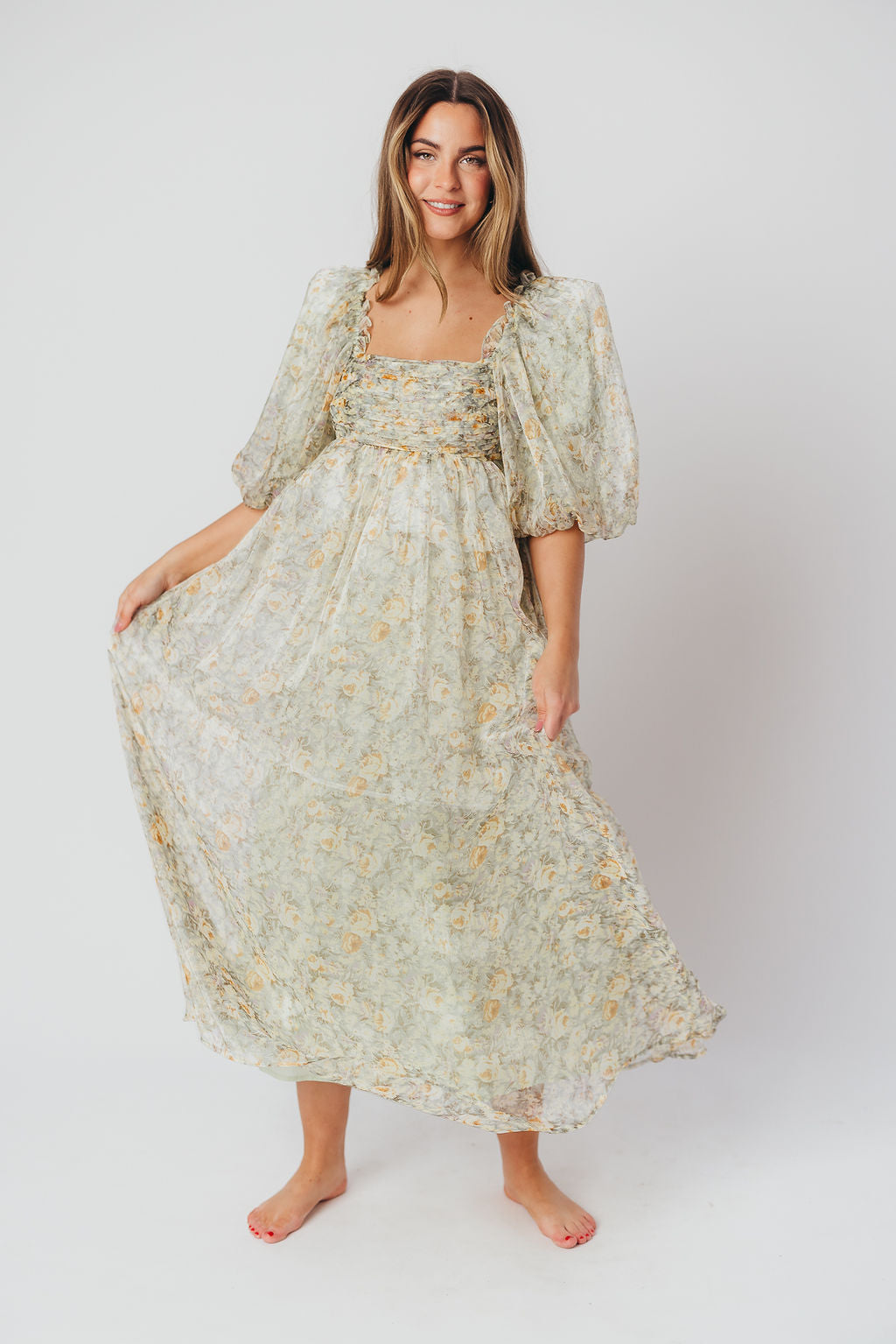 Eilina | Dames Maxi Jurk Zwangerschap – Flatterende Empire Taille en Romantische Ballonmouwen