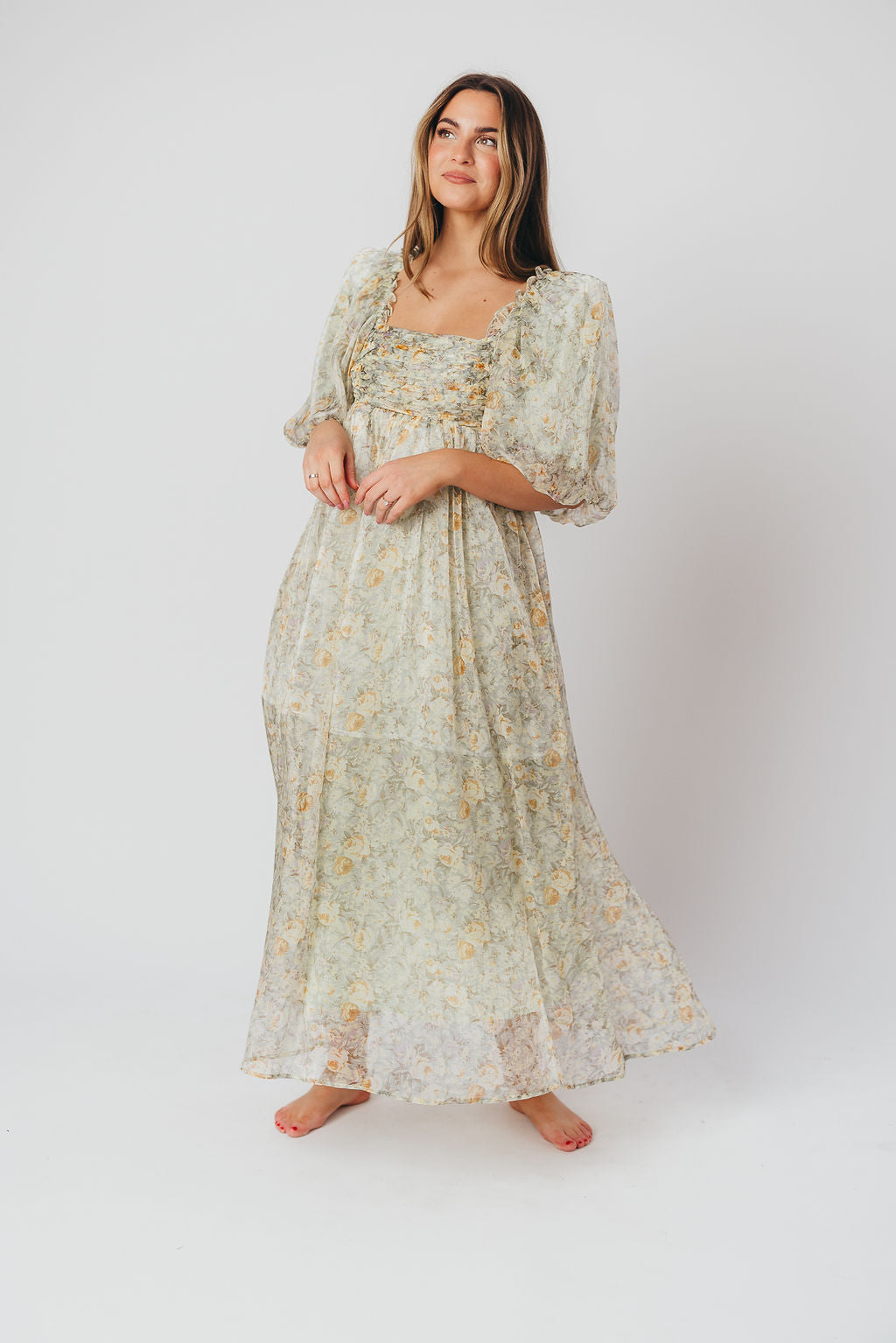 Eilina | Dames Maxi Jurk Zwangerschap – Flatterende Empire Taille en Romantische Ballonmouwen
