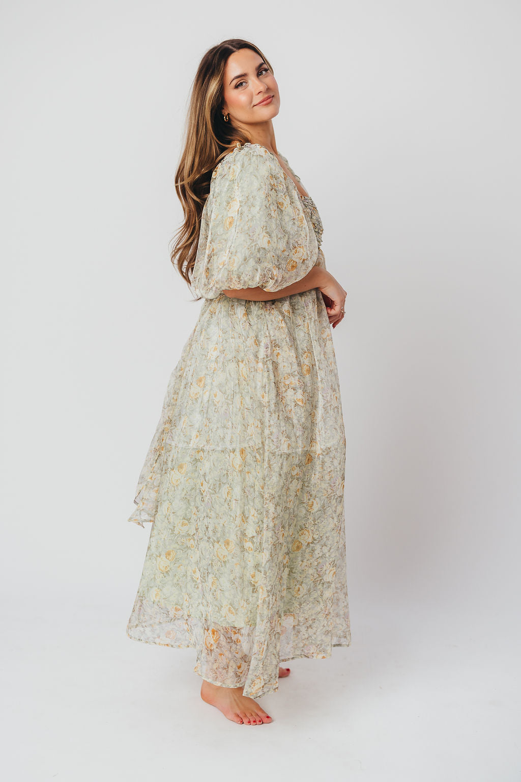Eilina | Dames Maxi Jurk Zwangerschap – Flatterende Empire Taille en Romantische Ballonmouwen