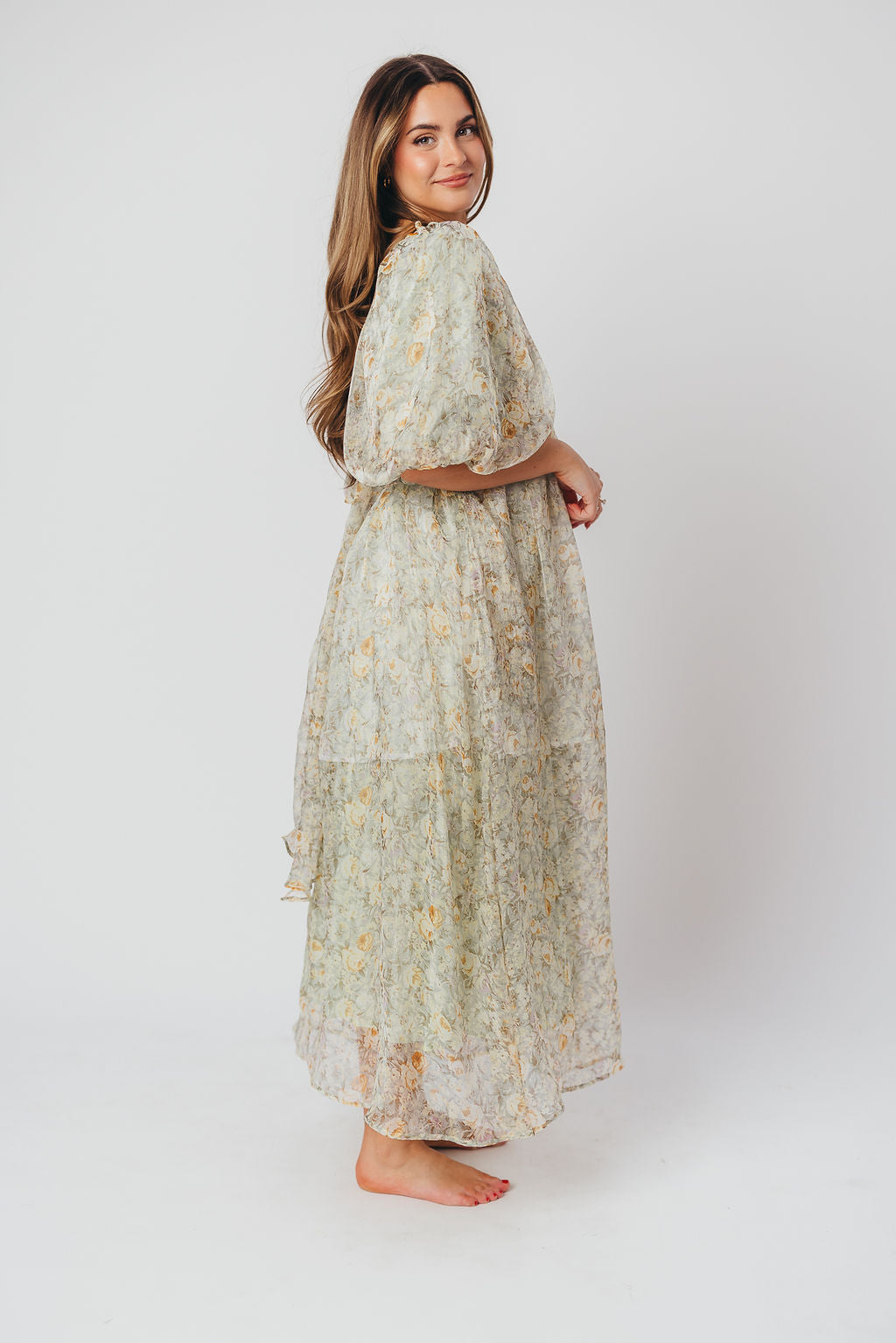 Eilina | Dames Maxi Jurk Zwangerschap – Flatterende Empire Taille en Romantische Ballonmouwen