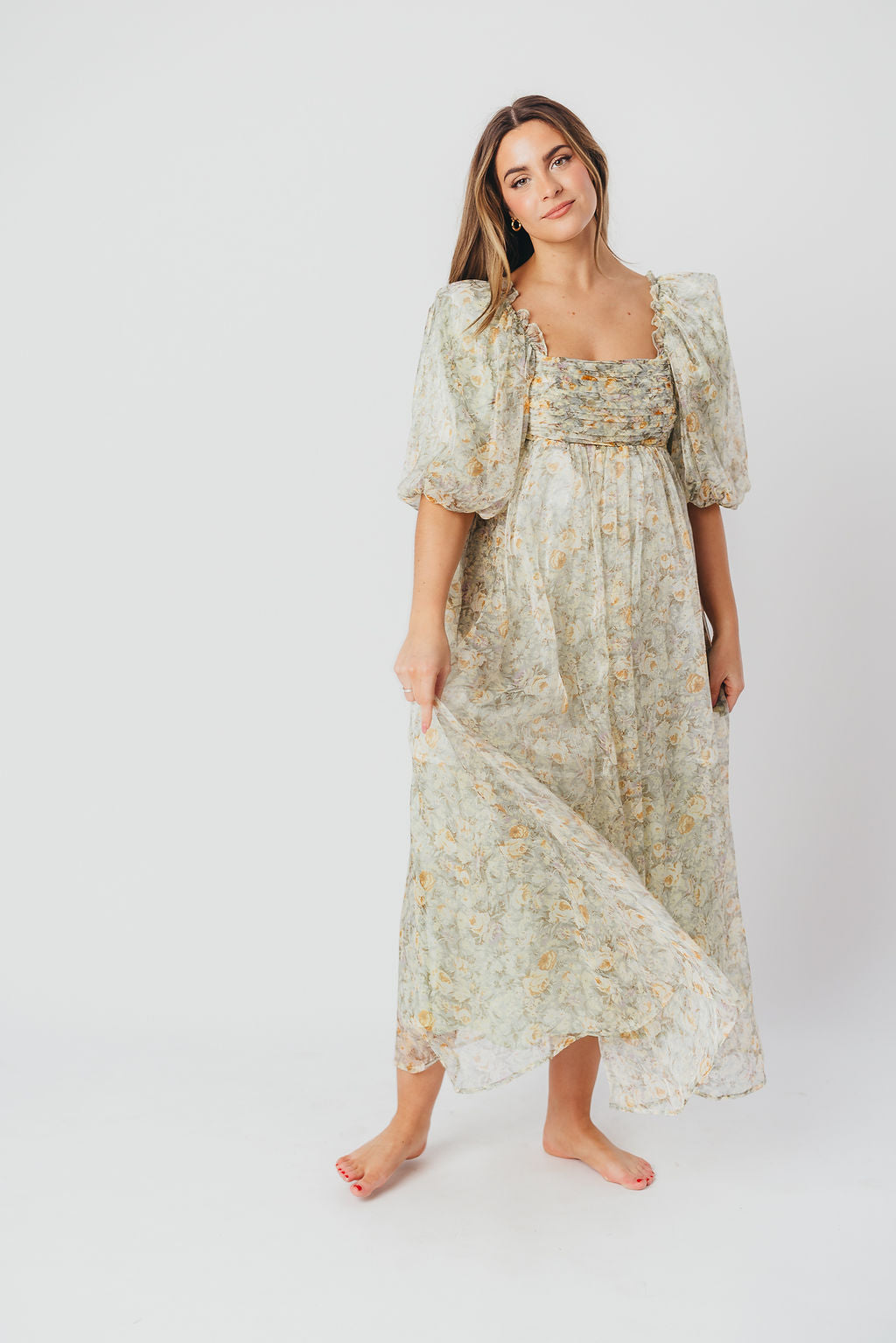 Eilina | Dames Maxi Jurk Zwangerschap – Flatterende Empire Taille en Romantische Ballonmouwen