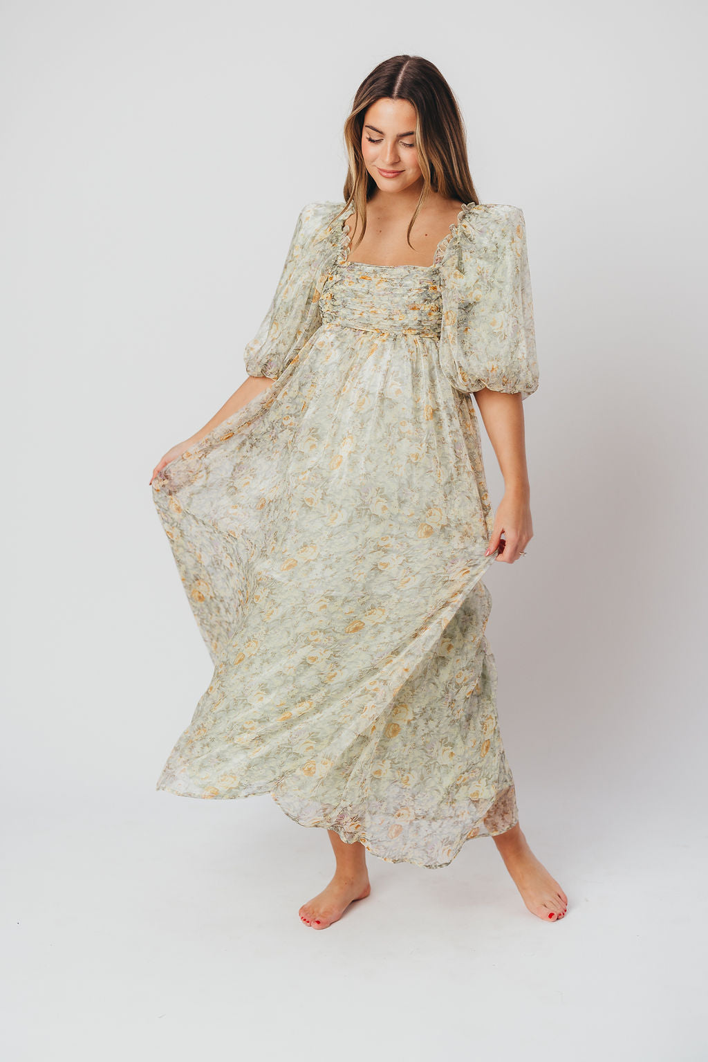 Eilina | Dames Maxi Jurk Zwangerschap – Flatterende Empire Taille en Romantische Ballonmouwen